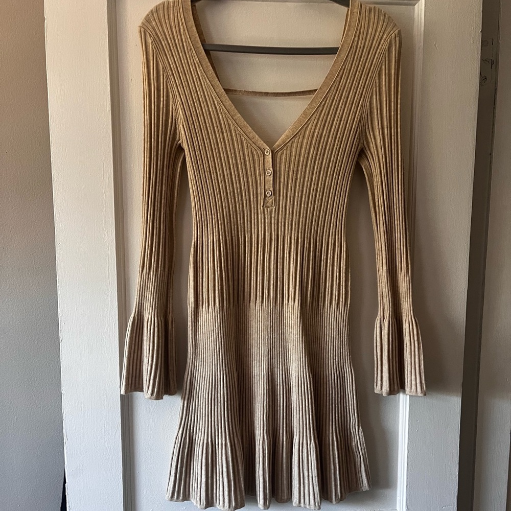 Elegant Tan Ribbed Long Sleeve Sweater  Dress